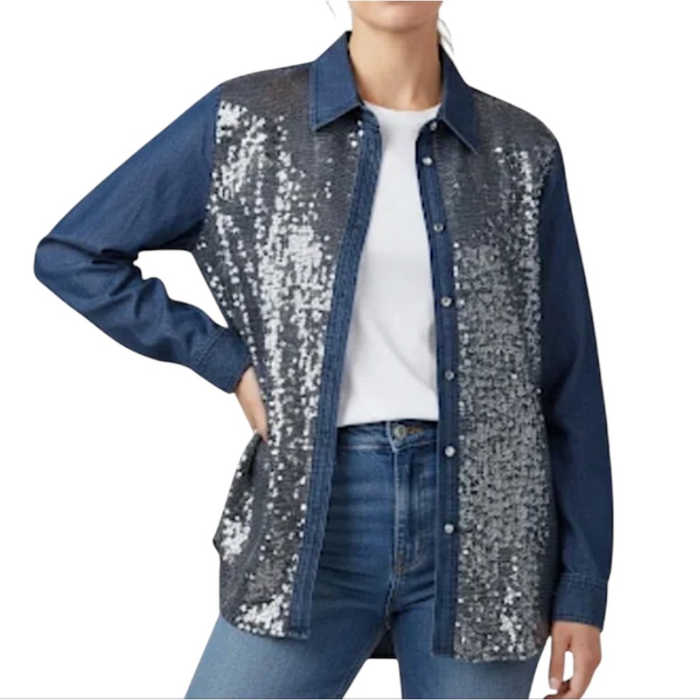 CHICO'S Denim Blue Tencel BUTTON-UP SHIRT TOP Clear Sequins & Jewel Buttons M/1